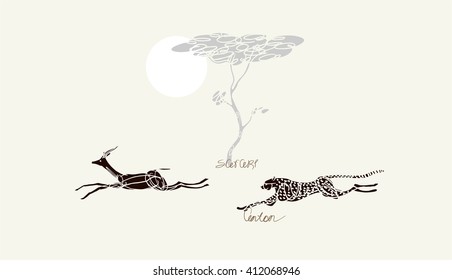 Cheetah and antelope on the African savannah on background of the tree and sun