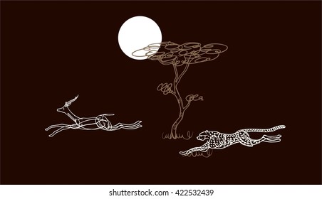 cheetah and antelope on the African savannah on background tree and moon