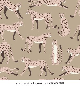 Cheetah big cat exotic seamless pattern - Mocha Mousse - hand drawn vector illustration