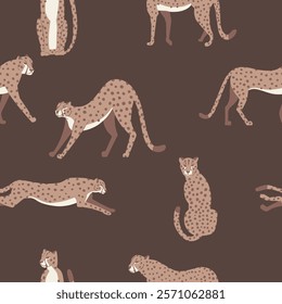 Cheetah big cat exotic seamless pattern - Mocha Mousse - hand drawn vector illustration