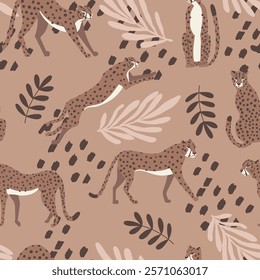 Cheetah big cat exotic seamless pattern - Mocha Mousse - tropical plants - hand drawn vector illustration