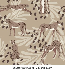 Cheetah big cat exotic seamless pattern - Mocha Mousse - tropical plants - hand drawn vector illustration