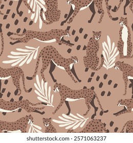 Cheetah big cat exotic seamless pattern - Mocha Mousse - tropical plants - hand drawn vector illustration