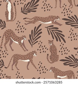 Cheetah big cat exotic seamless pattern - Mocha Mousse - tropical plants - hand drawn vector illustration