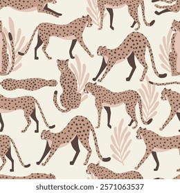 Cheetah big cat exotic seamless pattern - Mocha Mousse - tropical plants - hand drawn vector illustration