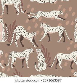 Cheetah big cat exotic seamless pattern - Mocha Mousse - tropical plants - hand drawn vector illustration