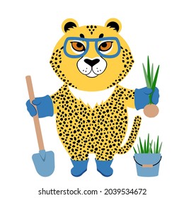 Cheetah in boots and glasses holding shovel and onion. Cute cartoon character. Flat style vector illustration. Suitable for icon, logo, label, sticker, clipart, t-shirt print.