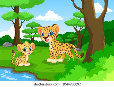 Cheetah cartoon in the forest with his cute son 