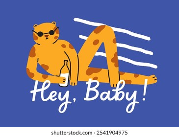 Personaje de guepardo descansando por el mar, relajándose con botella de cerveza. Diseño divertido de la tarjeta de felicitación con el animal del leopardo en gafas de sol que beben, enfriando. Juguetón humorístico moderno Ilustración vectorial plana