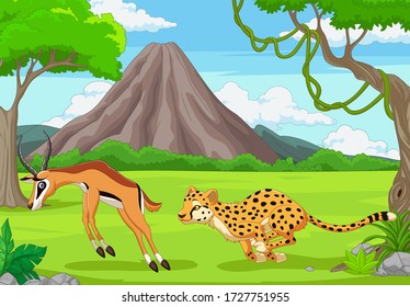 The cheetah is chasing an impala in an African savanna