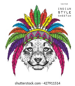 Cheetah in the colored Indian roach. Feather headdress of eagle. Hand draw vector  illustration