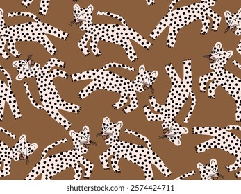 CHEETAH DOODLE CHARACTER SEAMLESS PATTERN ALL OVER PRINT HAND DRAWN VECTOR ILLUSTRATION. BIG CATS IDEAL FOR BABY TODDLER OUTFITS