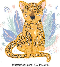 cheetah doodle hand drawn flat vector illustration. Cartoon abstract animal in scandinavian style. Wild rainforest animal. Grass branches with leaves, flowers and spots design element. Tropical