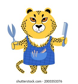 Cheetah dressed in an apron holding out scissors and a comb. Cute cartoon character. Flat style vector illustration. Suitable for icon, logo, label, sticker, clipart, t-shirt print.