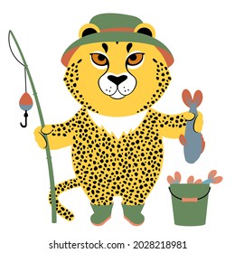 Cheetah dressed in a bucket hat and yellow boots holding out a fish and fishing rod. Cute cartoon character. Flat style vector illustration. Suitable for icon, logo, label, sticker, clipart, t-shirt