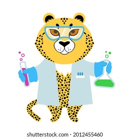 Cheetah dressed in a lab coat and holding out test tubes. Cute cartoon character and a handwritten slogan. Flat style vector illustration. Suitable for icon, logo, label, sticker, clipart, t-shirt