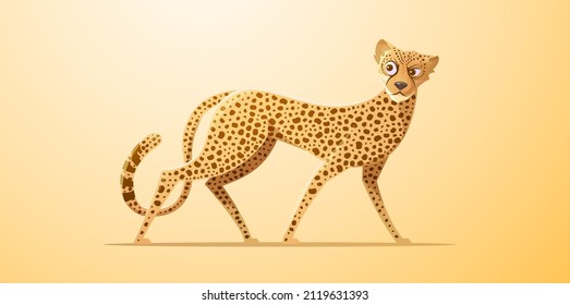 Cheetah, exotic african wild animal with fur with spotted pattern. Vector cartoon illustration of cute gepard walking and looking around. Funny watchful wildcat