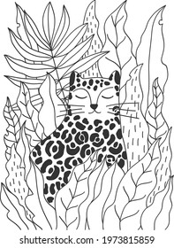 Cheetah in exotic leaves. Hand drawn vector illustration for coloring page