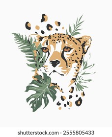 cheetah face on exotic leaves minimal art style vector illustration