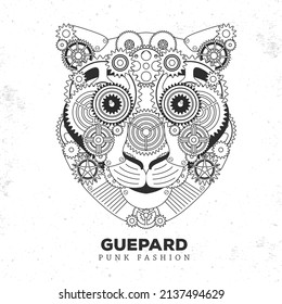 Cheetah face silhouette with gears. Punk style. Vector illustration