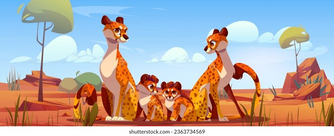 Familia chita en África de fondo vectorial de dibujos animados. Paisaje de Savannah con animales leopardos sentados cerca de la escena del gato bebé. Dibujo panorámico de carácter tropical exótico del zoo. Madre y padre de Gepard