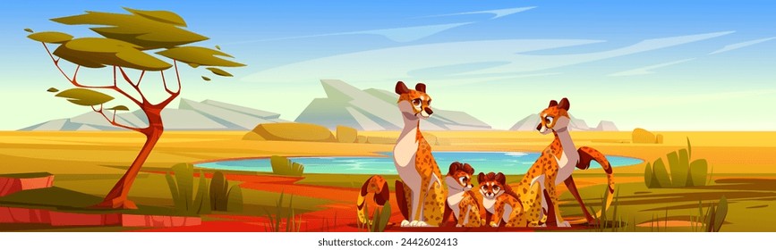 Cheetah family on savannah landscape. Vector cartoon illustration of African leopard pride sitting near lake in desert, clear water, green tree and grass, rocky stones on horizon, blue summer sky