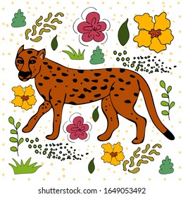 Cheetah flat hand drawn illustration. Cute cartoon animal character on botanical background. Wild animal vector poster 