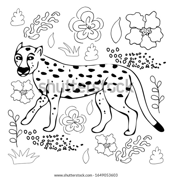 平手で描いたイラストをチーターで描く 植物の背景にかわいいアニマルのキャラクター 野生動物のベクター画像ポスター のベクター画像素材 ロイヤリティフリー