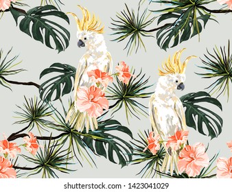 Cheetah floral seamless pattern with hibiscus, cockatoo, palms, monstera. Exotic jungle wallpaper. Isolated on white background. 