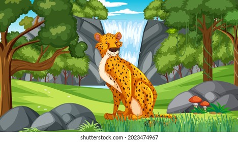 Cheetah in forest or rainforest at daytime scene  illustration