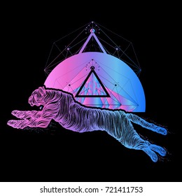 Cheetah geometrical style t-shirt design. Jumping panther, mystical tattoo, sacred geometry. Sign hunting, travel, tourism 