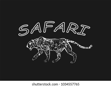 Cheetah. Hand drawn ink sketch. Horizontal drawing. Vector engraving. Predator line art. White line illustration isolated on black background. Safari concept.