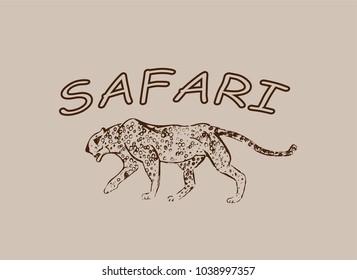 Cheetah. Hand drawn ink sketch. Horizontal drawing. Vector engraving. Predator line art. Brown line illustration isolated on light beige background. Safari concept.