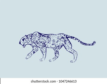 Cheetah. Hand drawn ink sketch. Horizontal drawing. Vector engraving. Predator line art. Line illustration. Blue colors. Safari concept.