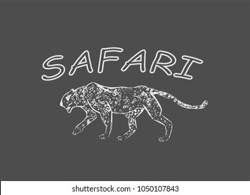 Cheetah. Hand drawn ink sketch. Horizontal drawing. Vector engraving. Predator line art. Black line illustration isolated on light gray background. Safari concept.