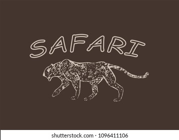 Cheetah. Hand drawn ink sketch. Horizontal drawing. Vector engraving. Predator line art. White line illustration isolated on dark brown background. Safari concept.