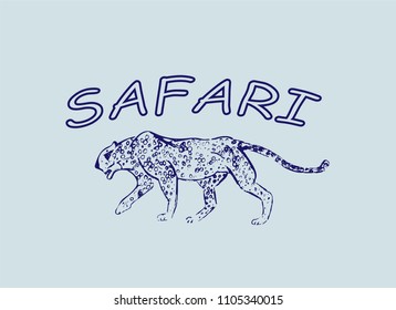Cheetah. Hand drawn ink sketch. Horizontal drawing. Vector engraving. Predator line art. Line illustration. Blue colors. Safari concept.