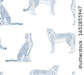 Cheetah hand drawn vector seamless pattern. Wild exotic cat sketch backdrop. Jaguar blue ink drawing. Animalistic textile print, leopard wallpaper design