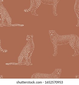Cheetah hand drawn vector seamless pattern. Wild exotic cat sketch backdrop. Jaguar inky drawing. Animalistic textile print, leopard wallpaper design