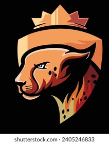 Cheetah head with a crown. Vector illustration on black background.