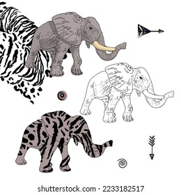Esbozo de la cabeza de chita gráficos vectoriales monocromo dibujo en blanco y negro. ¡La jungla abstracta! Ilustraciones vectoriales de animales (elefantes), hojas, puntos, objetos y texturas. Dibujo artístico para un afiche
