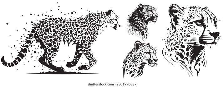 Cheetah heads black and white vector. Silhouette svg shapes of cheetah illustration. svg