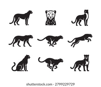 Cheetah Icon Set – Minimalist Flat Vector Silhouettes, Geometric Fast Wild Animal Logo Collection