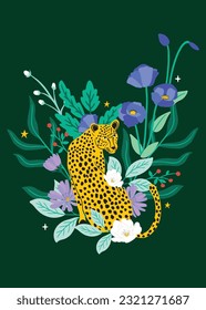 Cheetah illustration featuring botanical leaves, flowers and buds. Exotic jungle artwork for posters, banners, t-shirt design, postcard. 