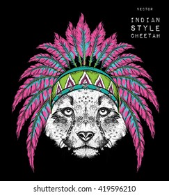 Cheetah in the Indian roach. Feather headdress of eagle. Hand draw vector illustration