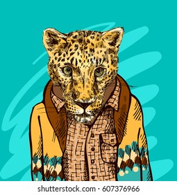 Cheetah in a jacket. Vector sketch illustration. Drawing by hand. Fashion style.