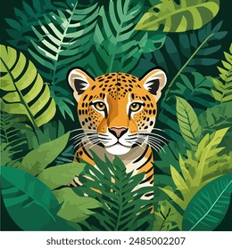 Guepardo en una selva con follaje para la decoración ilustración de dibujos animados de Vector. Fondo tropical