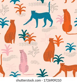 Cheetah in the jungle funky colorful tropical modern pattern in vector. Cute animals illustration.