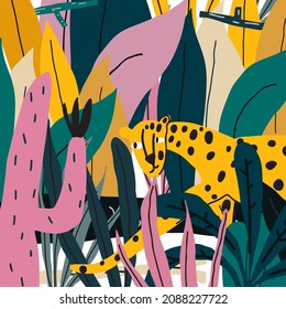 Cheetah in jungle leaves and cactus square print. Vector illustration