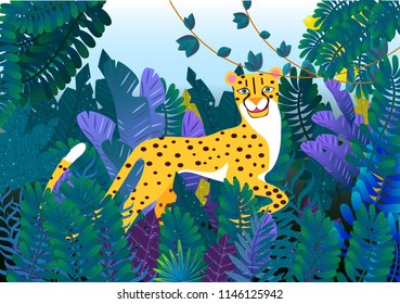 Cheetah in the jungle vector illustration, flat style